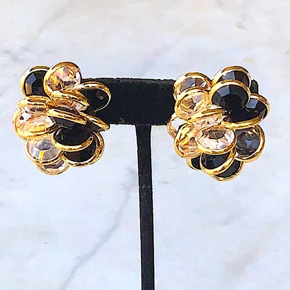 SWAROVSKI EARRINGS CLEAR & BLACK FACETED CRYSTAL GOLD MARKED SWAN CLIP VINTAGE - Picture 4 of 14